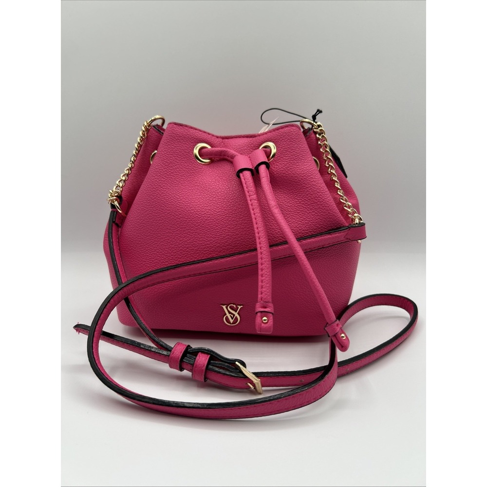 Victoria's Secret Hot Pink Faux Leather Mini Drawstring Bucket Bag Crossbody NWT